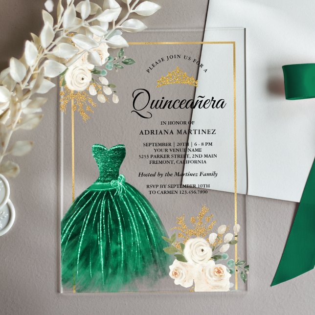 Ivory Floral Emerald Green Gown Gold Quinceanera Acrylic Invitations (Creator Uploaded)