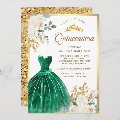 Ivory Floral Emerald Green Gown Gold Quinceanera Invitation