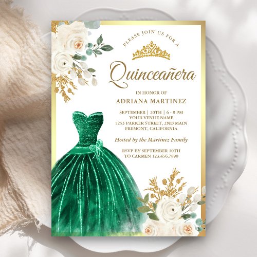 Ivory Floral Emerald Green Gown Gold Quinceanera Invitation