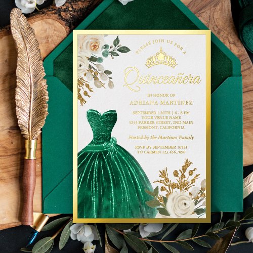 Ivory Floral Emerald Green Gown Quinceanera Gold Foil Invitation