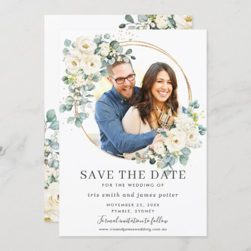 Ivory Floral Eucalyptus Photo Save the Date Card