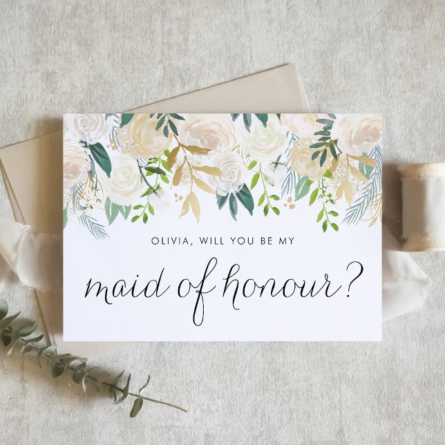 Ivory Floral Garland Will You Be My Maid of Honour (Floral maid of honour proposal card with ivory flowers, greenery, and faux gold foil accent.)