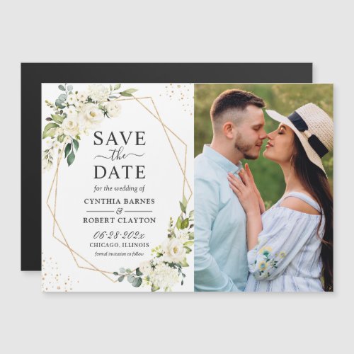 Ivory Floral Geometric Photo Save the Date Magnet - Ivory Green Floral Geometric Photo Save the Date Magnet Magnetic Card