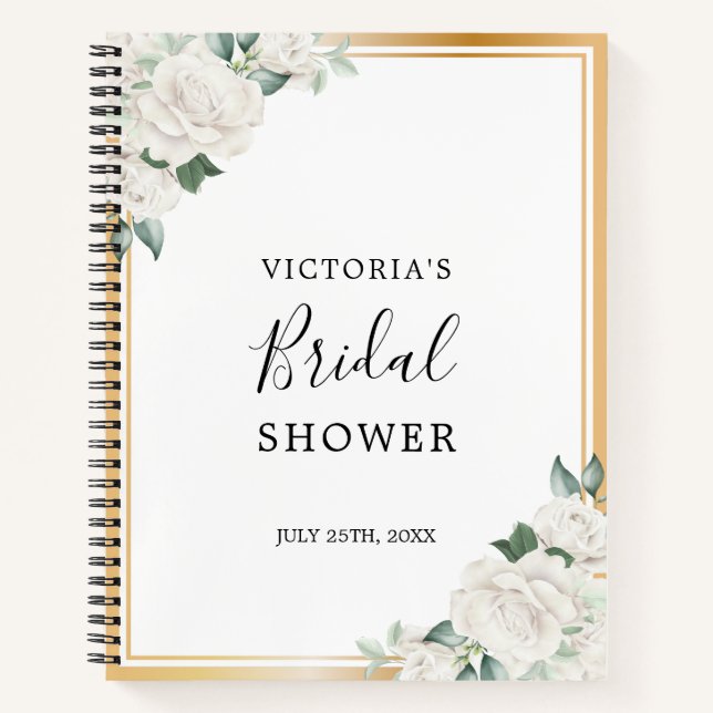 Ivory Floral Gold Frame Bridal Shower Gift List Notebook (Front)