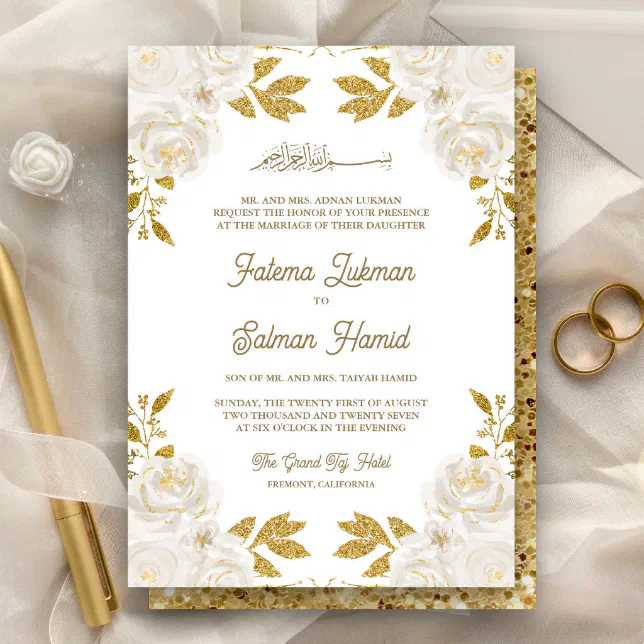 Ivory Floral Gold Glitter Islamic Muslim Wedding Invitation | Zazzle