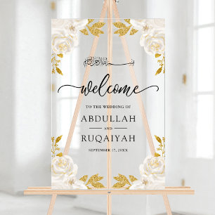 Ivory Floral Gold Muslim Wedding Welcome Acrylic Sign