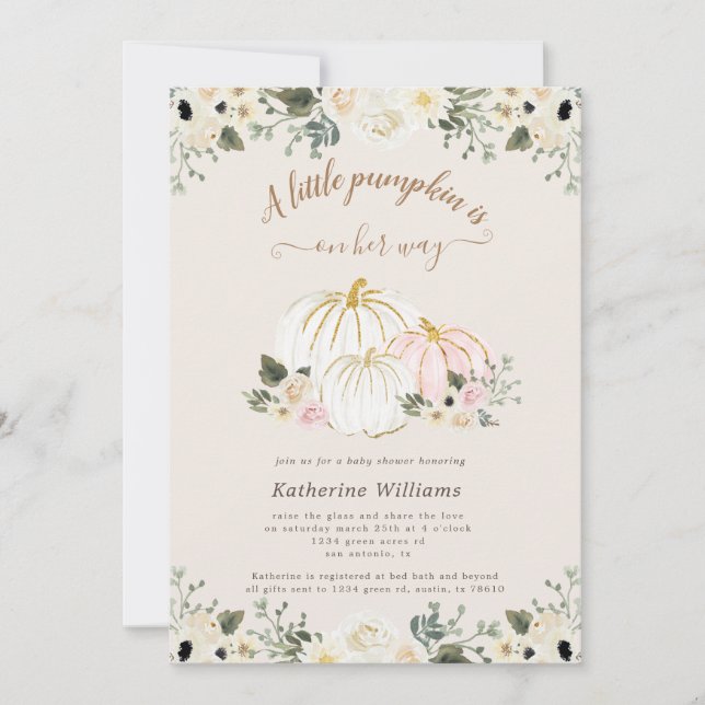 ivory floral golden pumpkin baby shower invitation (Front)