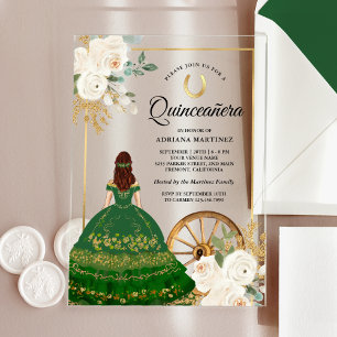 Ivory Floral Green Dress Charro Gold Quinceanera Acrylic Invitations