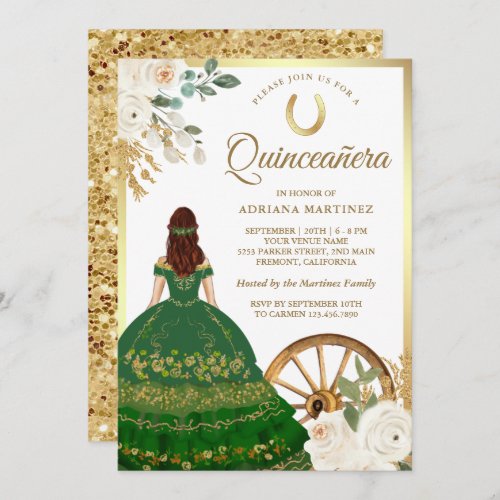 Ivory Floral Green Dress Charro Gold Quinceanera Invitation