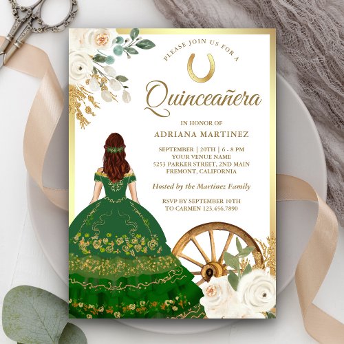 Ivory Floral Green Dress Charro Gold Quinceanera Invitation