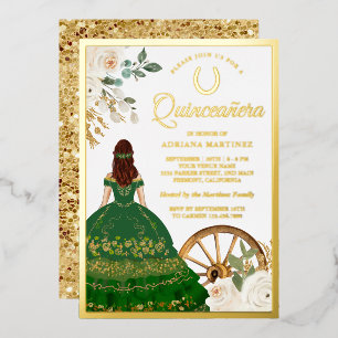 Ivory Floral Green Dress Charro Quinceanera Gold Foil Invitation