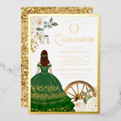 Ivory Floral Green Dress Charro Quinceanera Gold Foil Invitation
