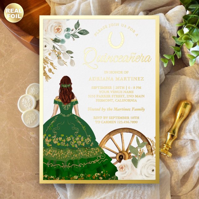 Ivory Floral Green Dress Charro Quinceanera Gold Foil Invitation (Creator Uploaded)