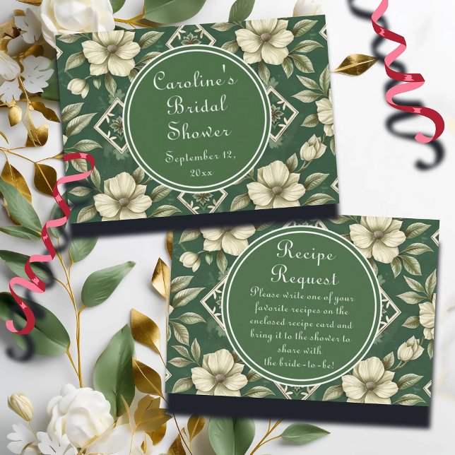 Ivory Floral Green Emerald Bridal Recipe Request Enclosure Card (Creator Uploaded)