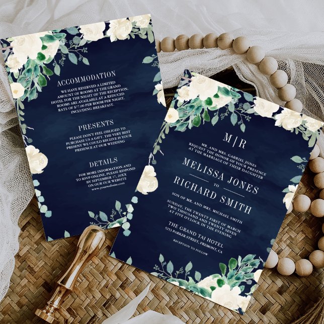 Ivory Floral Green Leaves All in One Navy Wedding Invitation (Creator Uploaded)