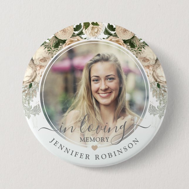 Ivory Floral In Loving Memory Photo Memorial Button (Front)