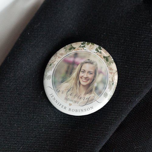 Ivory Floral In Loving Memory Photo Memorial Button