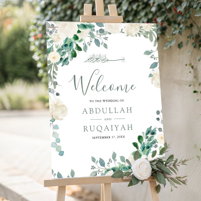 Ivory Floral Leaves Muslim Wedding Welcome Sign (Creator Uploaded)