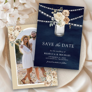 Ivory Floral Mason Jar Photo Navy Blue Wedding Save The Date