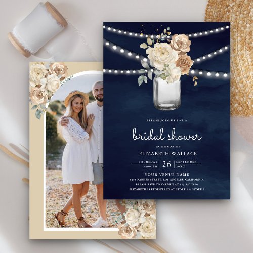 Ivory Floral Mason Jar Photo Navy Bridal Shower Invitation