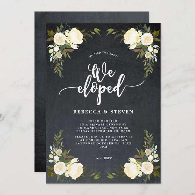 ivory floral modern we eloped invitation chalk (Front/Back)