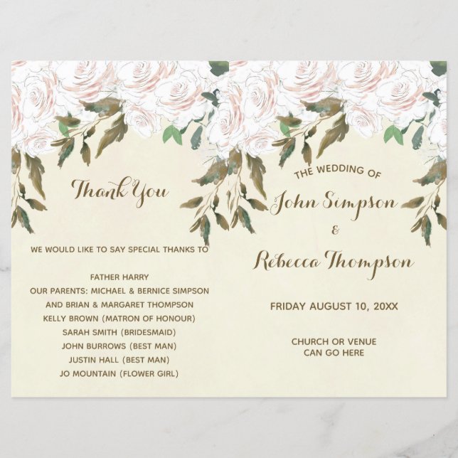 ivory floral modern wedding ceremony program (Front)