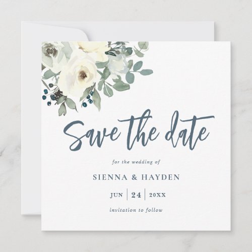 Ivory Floral Navy Blue Theme Save the Date Card