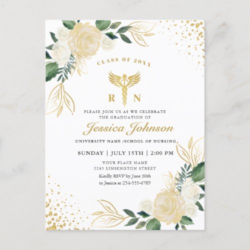 Ivory Floral Nursing School Graduation Invitation Postcard