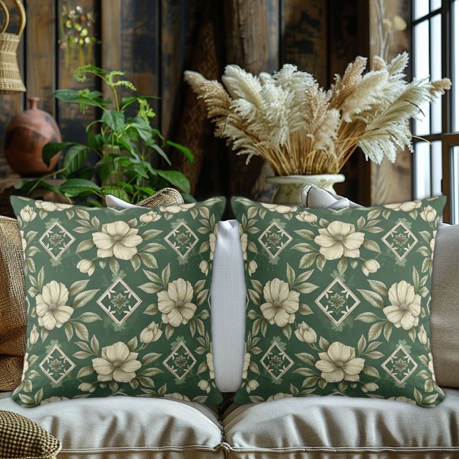 Ivory Floral on Emerald Background Throw Pillow (Creator Uploaded)