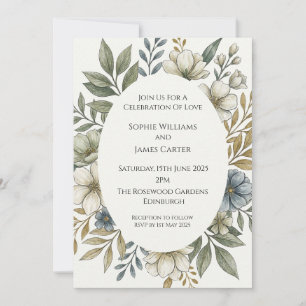 Ivory Floral Oval Wreath Watercolor Wedding Invitation