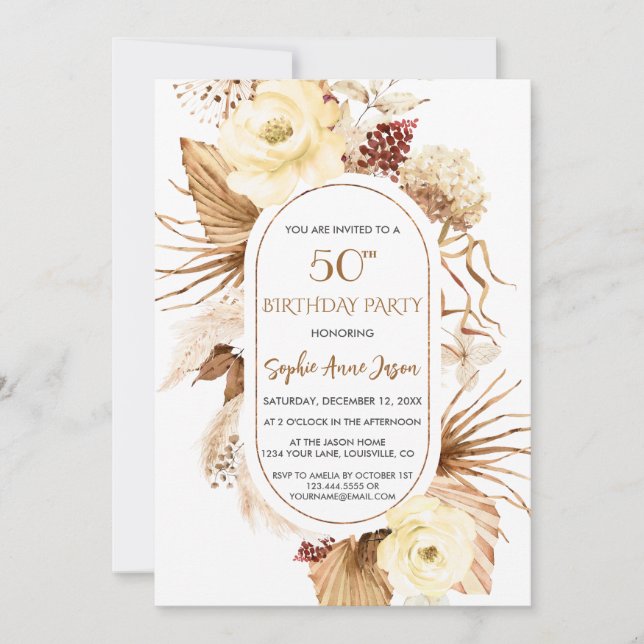 Ivory Floral Pampas Grass Palm Photo 50th Birthday Invitation (Front)