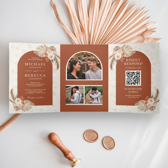 Ivory Floral Pampas Terracotta QR Code Wedding Tri-Fold Invitation (Creator Uploaded)