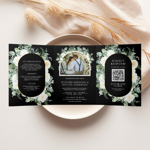 Ivory Floral Photo Black QR Code Wedding Tri-Fold Invitation