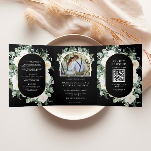 Ivory Floral Photo Black QR Code Wedding Tri-Fold Invitation (Creator Uploaded)