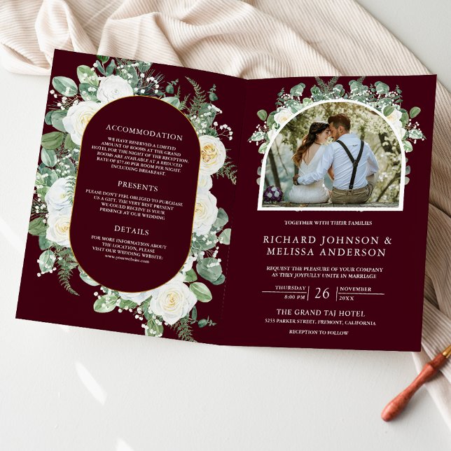 Ivory Floral Photo Burgundy QR Code Wedding Invitation (Creator Uploaded)