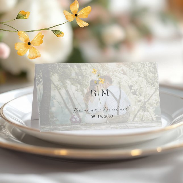 Ivory Floral Photo Wedding Place Card (Creator Uploaded)