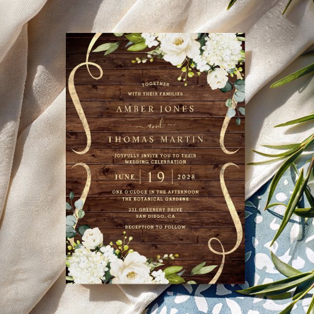 Ivory Floral Pretty Rustic Wood Wedding Invitation (Creator Uploaded)