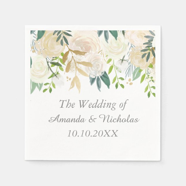 Ivory Floral Roses  wedding personalized Napkins (Front)