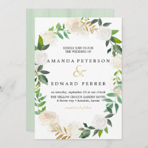 Ivory Floral Roses wreath wedding mint Invitation