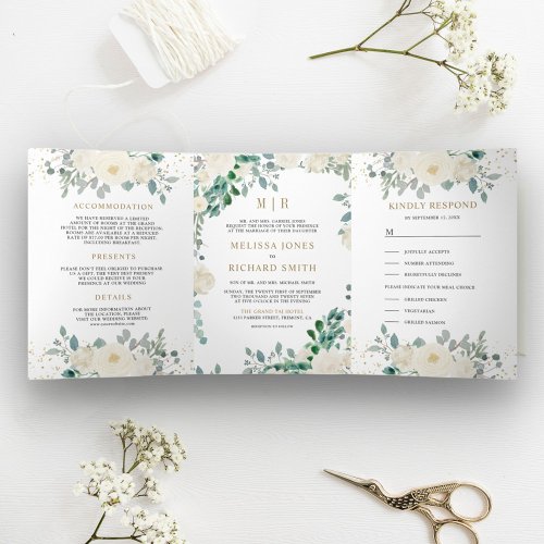 Ivory Floral Sage Green Leaves All in One Wedding Tri_Fold Invitation