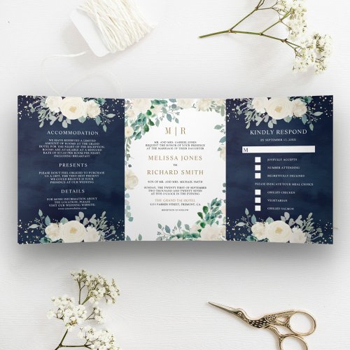 Ivory Floral Sage Green Leaves Navy Blue Wedding Tri_Fold Invitation
