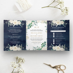 Ivory Floral Sage Green Leaves Navy Blue Wedding Tri-Fold Invitation
