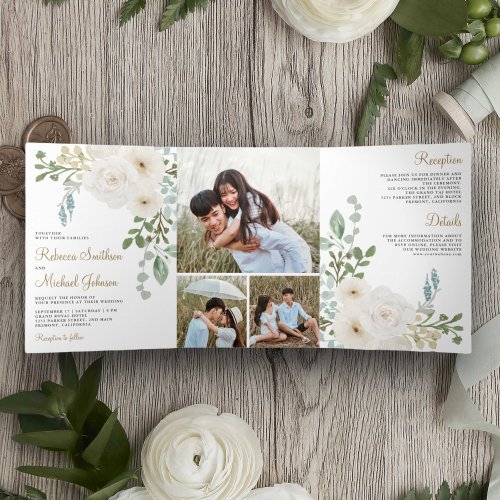 Ivory Floral Sage Green Leaves Photo Wedding Tri_Fold Invitation