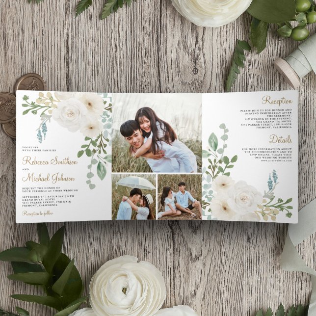 Ivory Floral Sage Green Leaves Photo Wedding Tri-Fold Invitation (Creator Uploaded)
