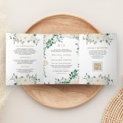 Ivory Floral Sage Green Leaves QR Code Wedding Tri-Fold Invitation