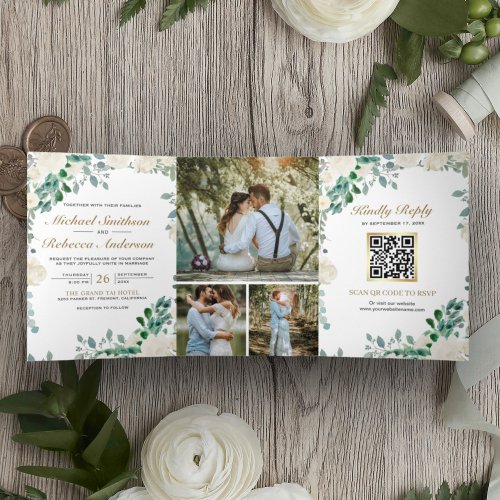 Ivory Floral Sage Green Leaves QR Code Wedding Tri_Fold Invitation
