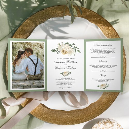 Ivory Floral Sage Green Leaves Wedding Photo Tri_Fold Invitation