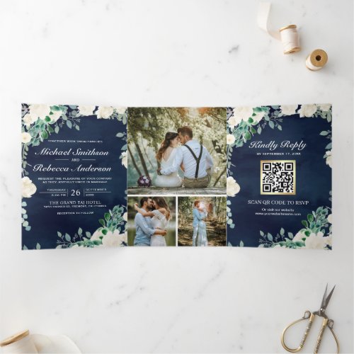 Ivory Floral Sage Green Navy Blue QR Code Wedding Tri_Fold Invitation