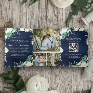 Ivory Floral Sage Green Navy Blue QR Code Wedding Tri-Fold Invitation