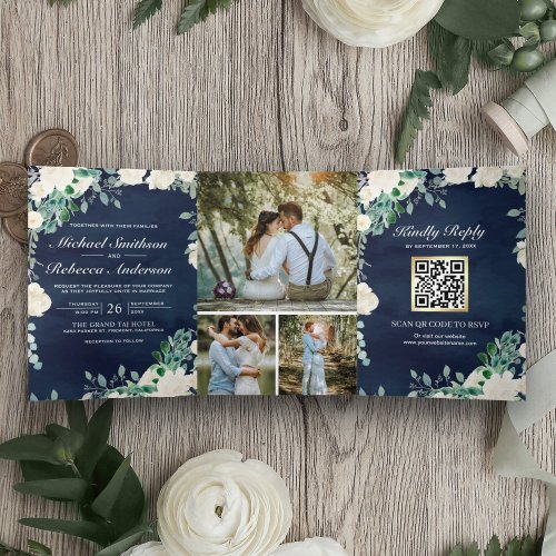 Ivory Floral Sage Green Navy Blue QR Code Wedding Tri_Fold Invitation